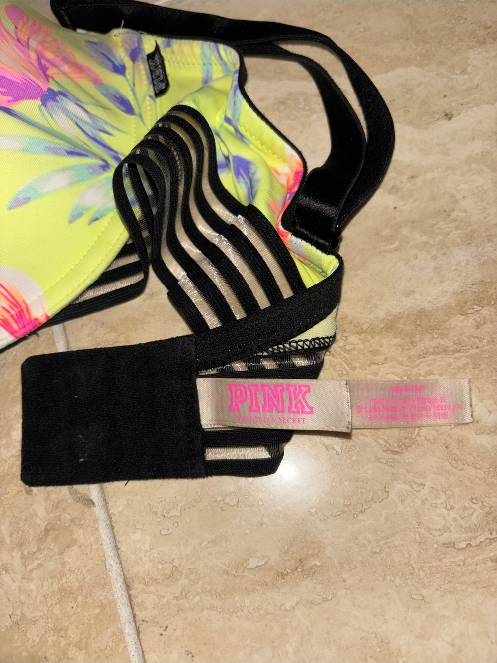 PINK Victoria's Secret Neon Yellow Floral Padded Bra with Black Straps - Picture 4 of 5